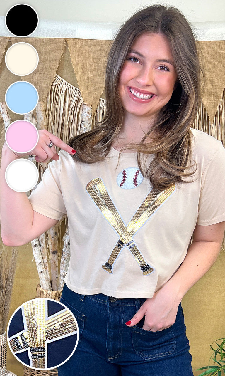 Crossed Bats Sequin Baseball Graphic Crop Top T-Shirt