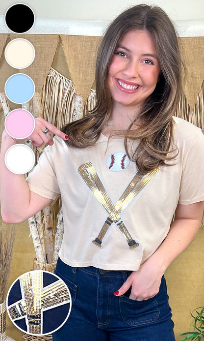 Crossed Bats Sequin Baseball Graphic Crop Top T-Shirt