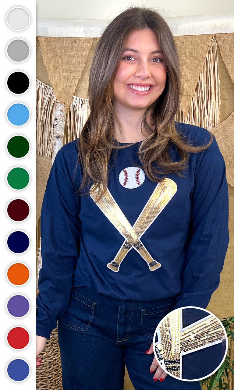 Crossed Bats Sequin Baseball Graphic  Long Sleeve T-Shirt