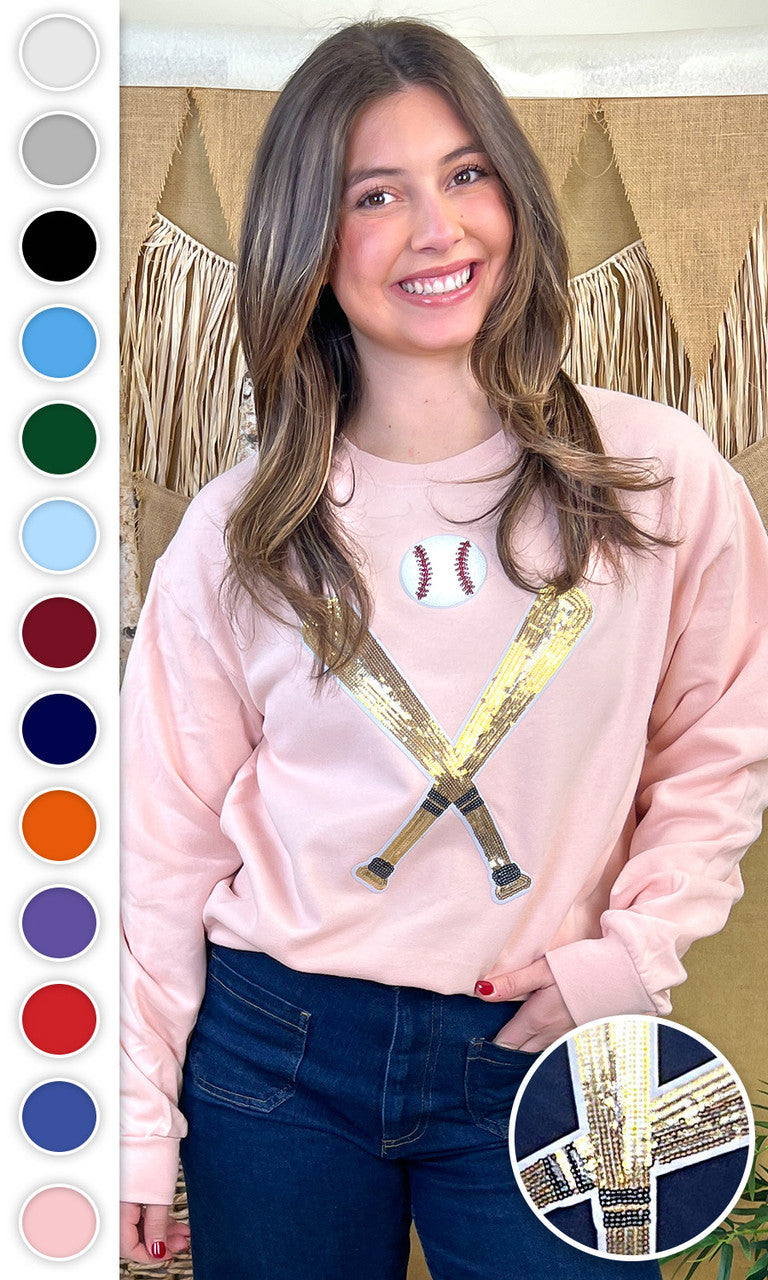 Crossed Bats Sequin Baseball Graphic Sweatshirt