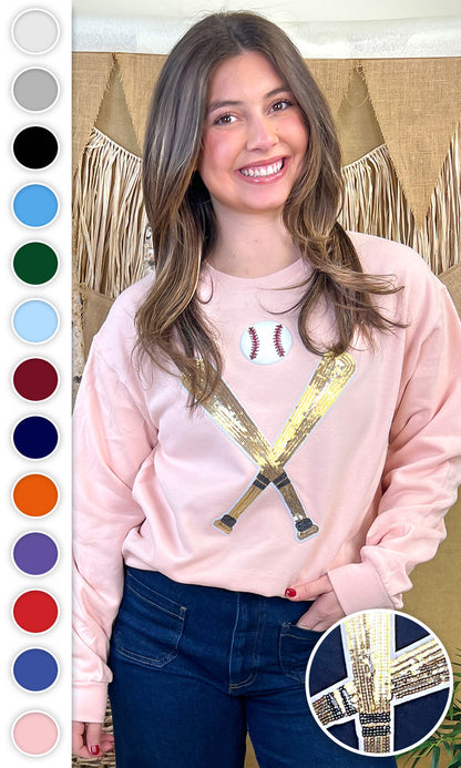 Crossed Bats Sequin Baseball Graphic Sweatshirt