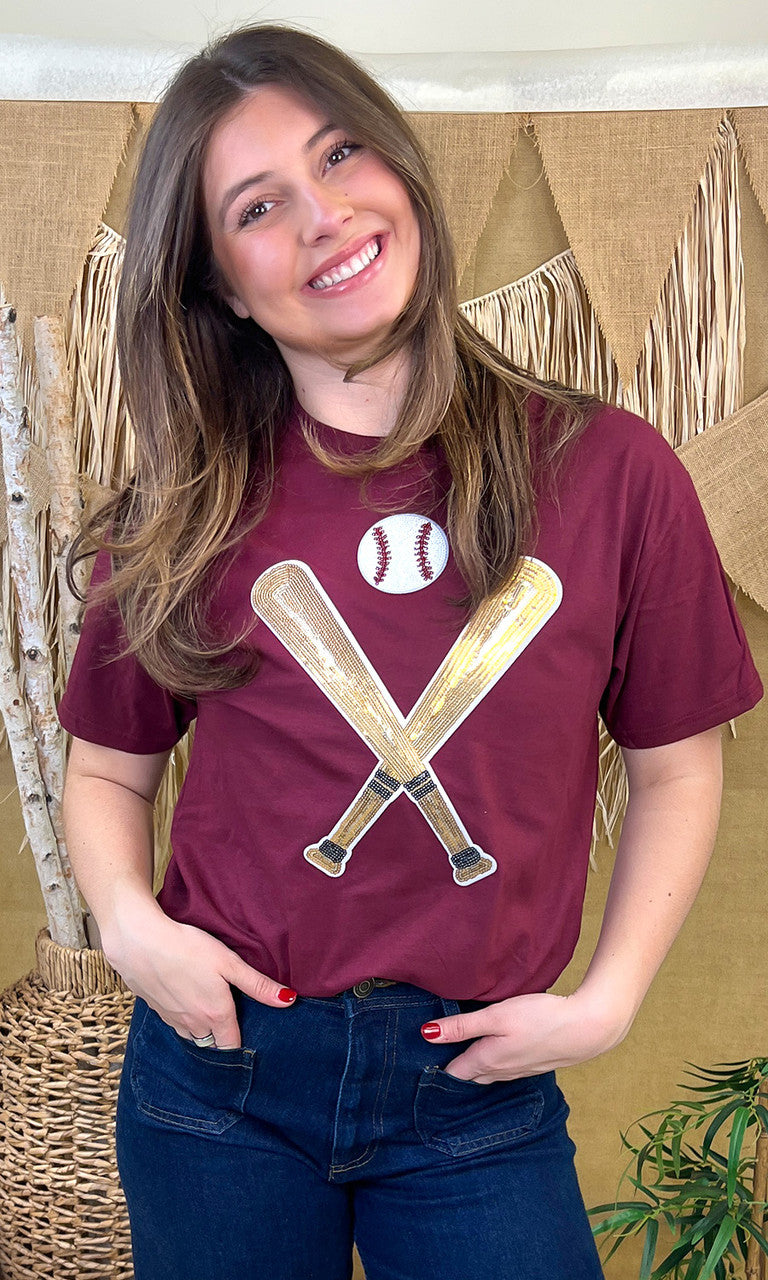 Crossed Bats Sequin Baseball Graphic T-Shirt