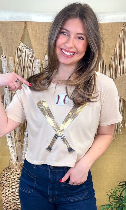 Crossed Bats Sequin Baseball Graphic Crop Top T-Shirt