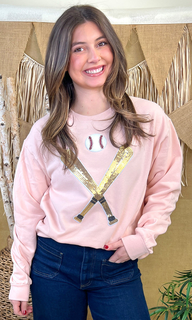 Crossed Bats Sequin Baseball Graphic Sweatshirt