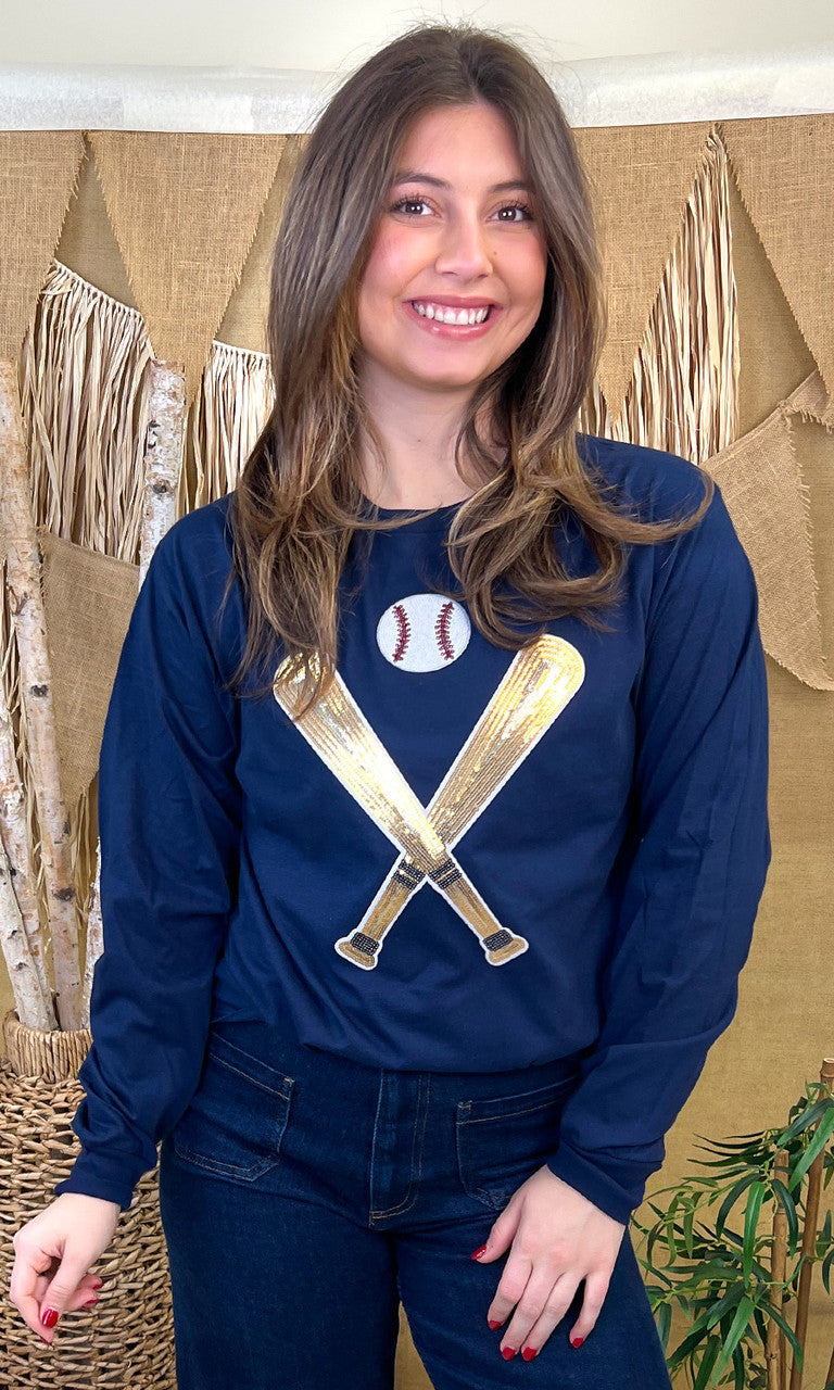Crossed Bats Sequin Baseball Graphic  Long Sleeve T-Shirt