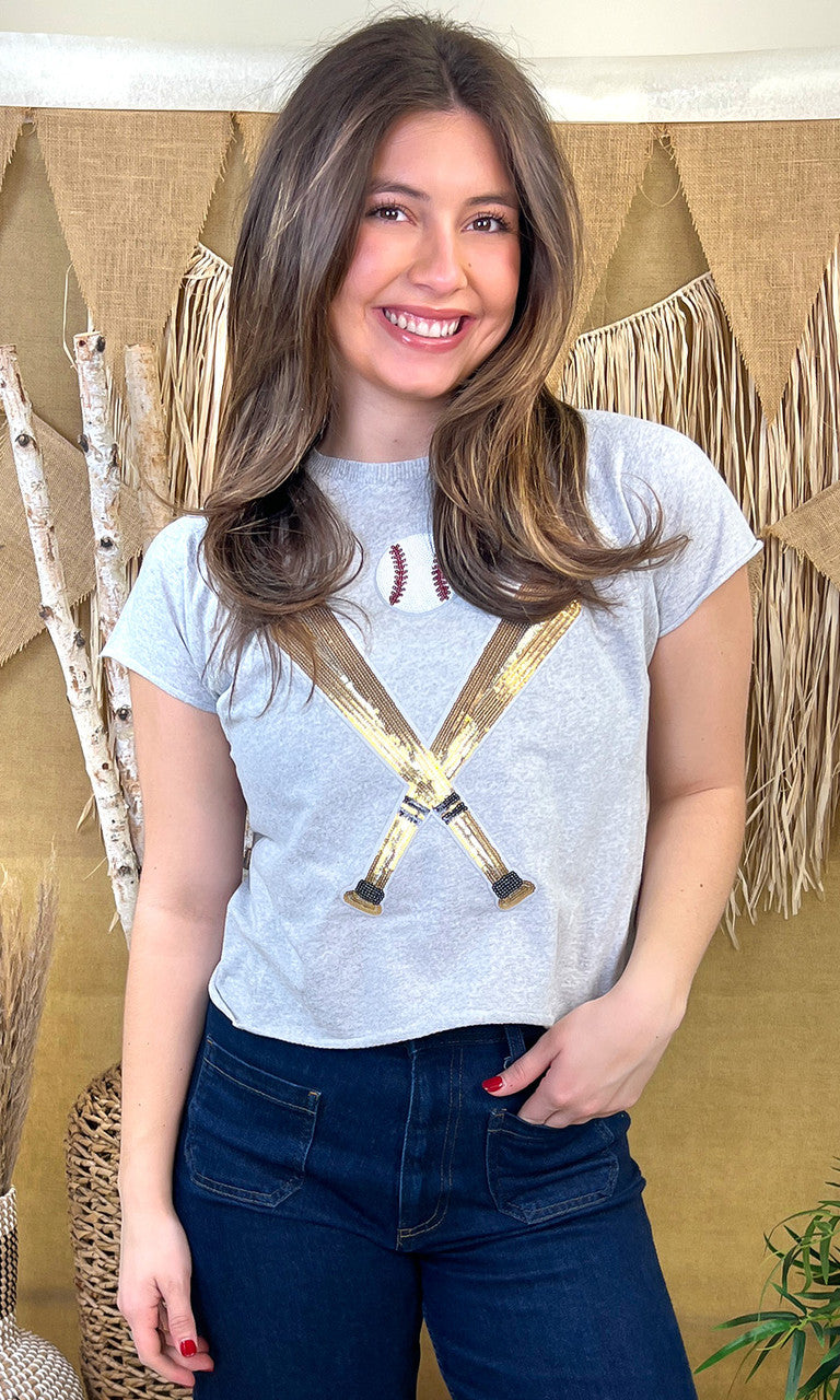 Crossed Bats Sequin Baseball Graphic Edgy T-Shirt