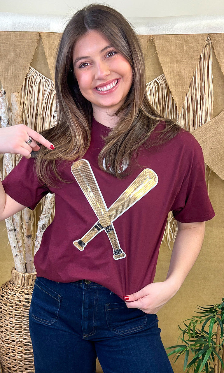 Crossed Bats Sequin Baseball Graphic T-Shirt