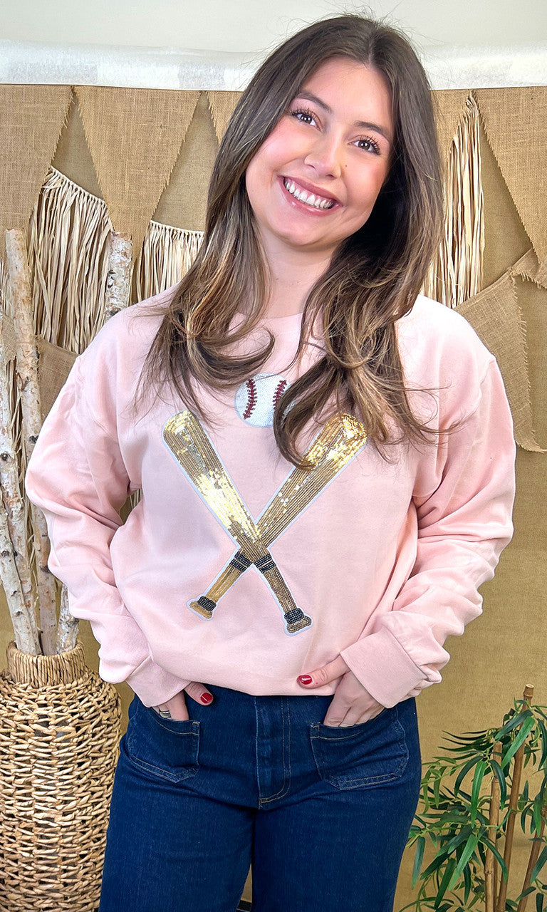 Crossed Bats Sequin Baseball Graphic Sweatshirt