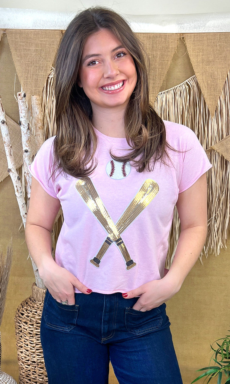 Crossed Bats Sequin Baseball Graphic Edgy T-Shirt