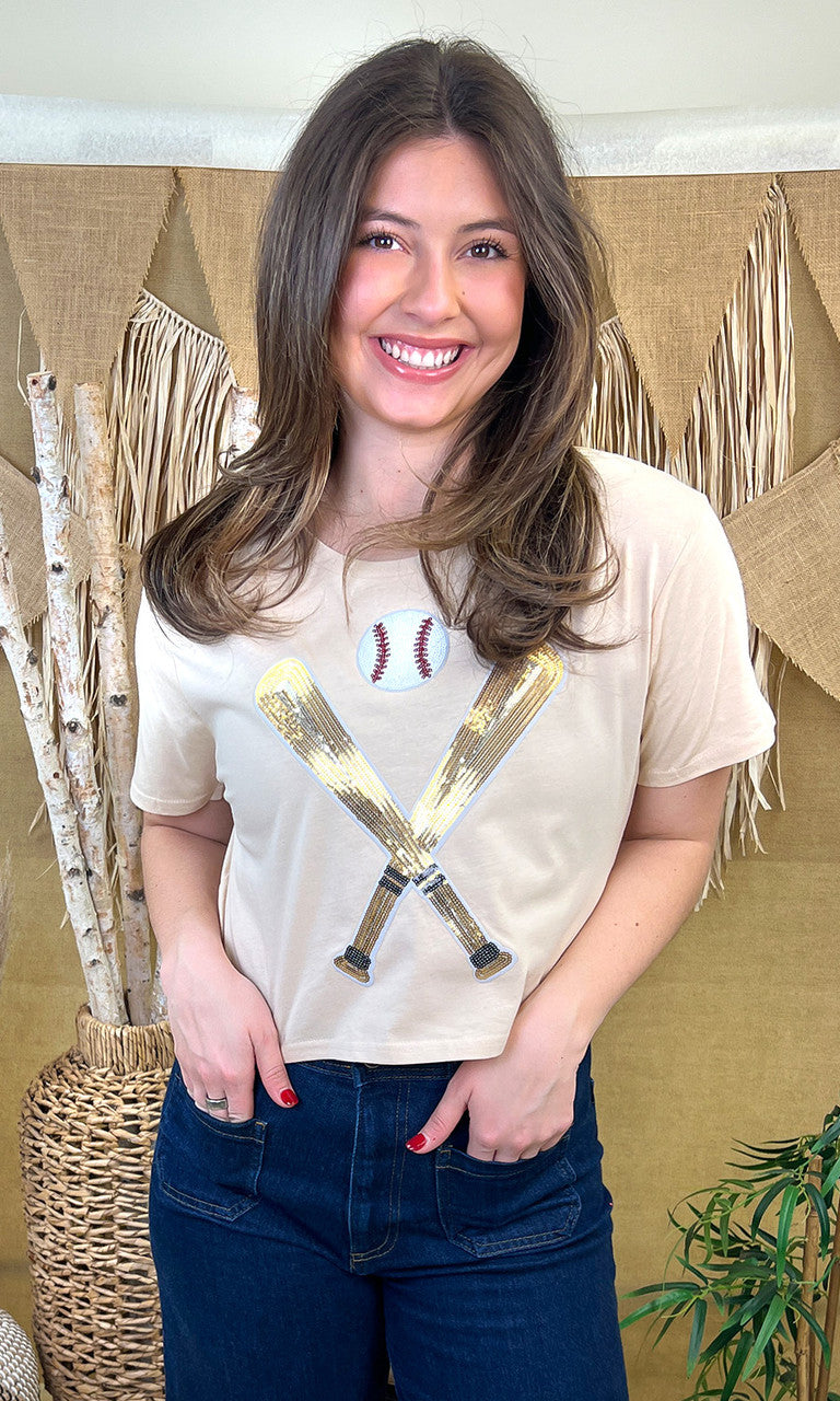 Crossed Bats Sequin Baseball Graphic Crop Top T-Shirt