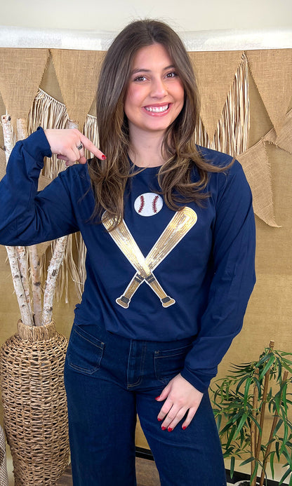 Crossed Bats Sequin Baseball Graphic  Long Sleeve T-Shirt