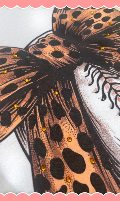 Baseball Cheetah Bow Rhinestone Graphic Shirt