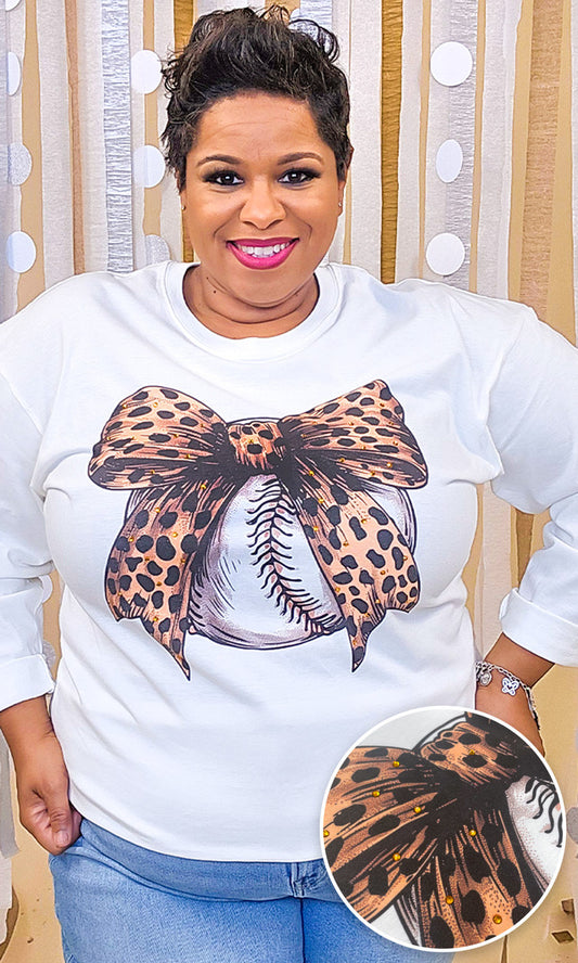 Baseball Cheetah Bow Rhinestone Graphic Long Sleeve Shirt