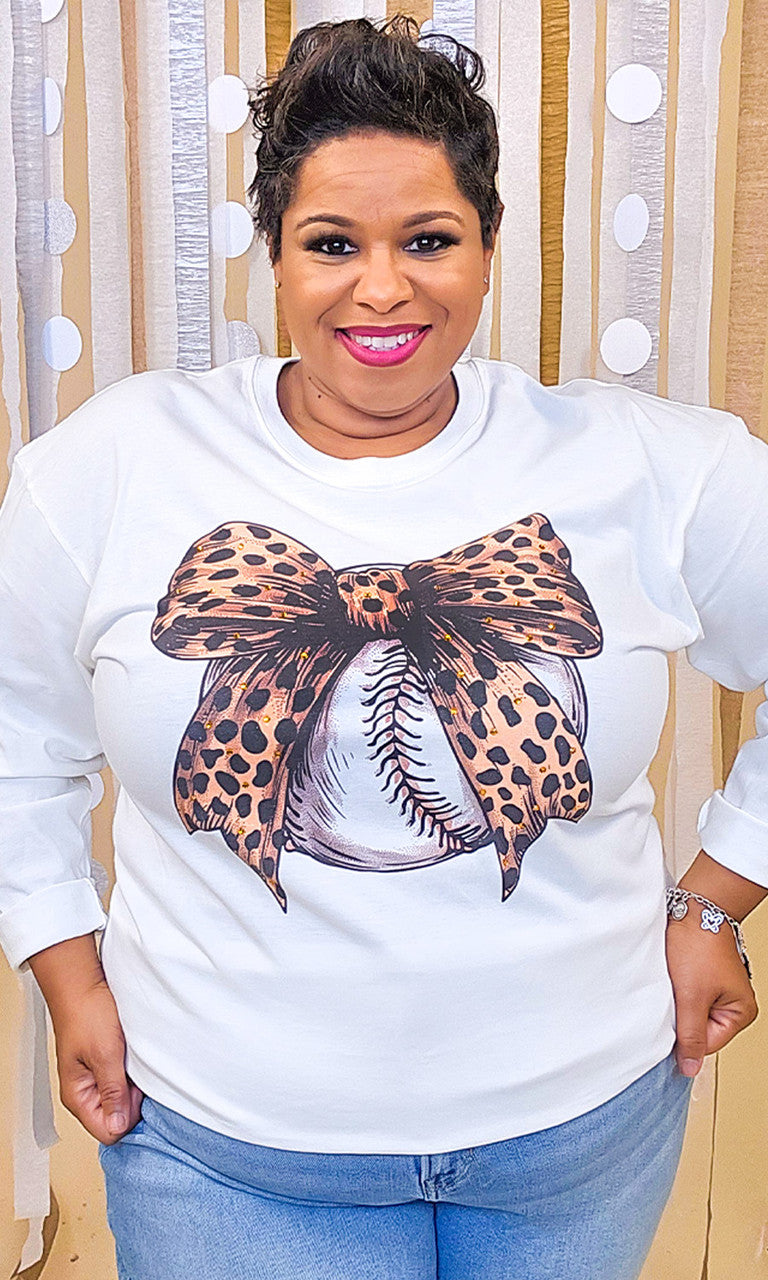Baseball Cheetah Bow Rhinestone Graphic Long Sleeve Shirt