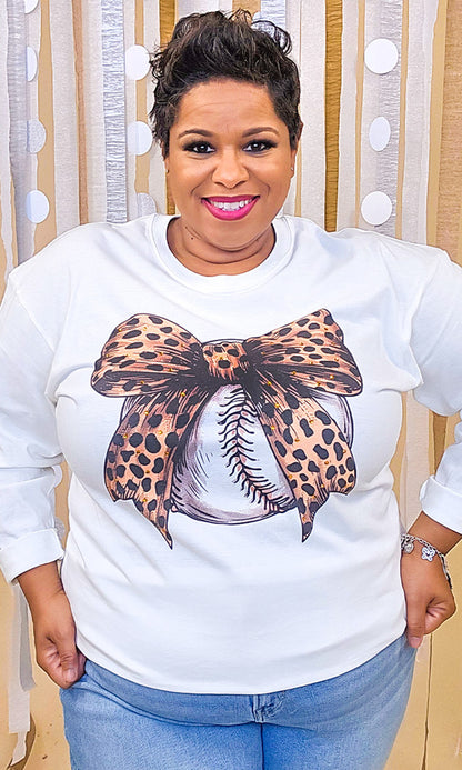 Baseball Cheetah Bow Rhinestone Graphic Long Sleeve Shirt