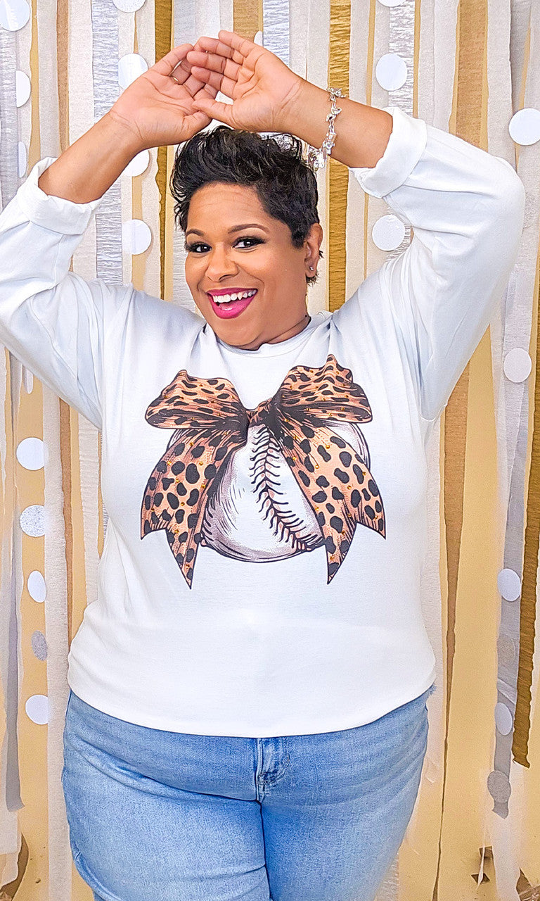 Baseball Cheetah Bow Rhinestone Graphic Long Sleeve Shirt