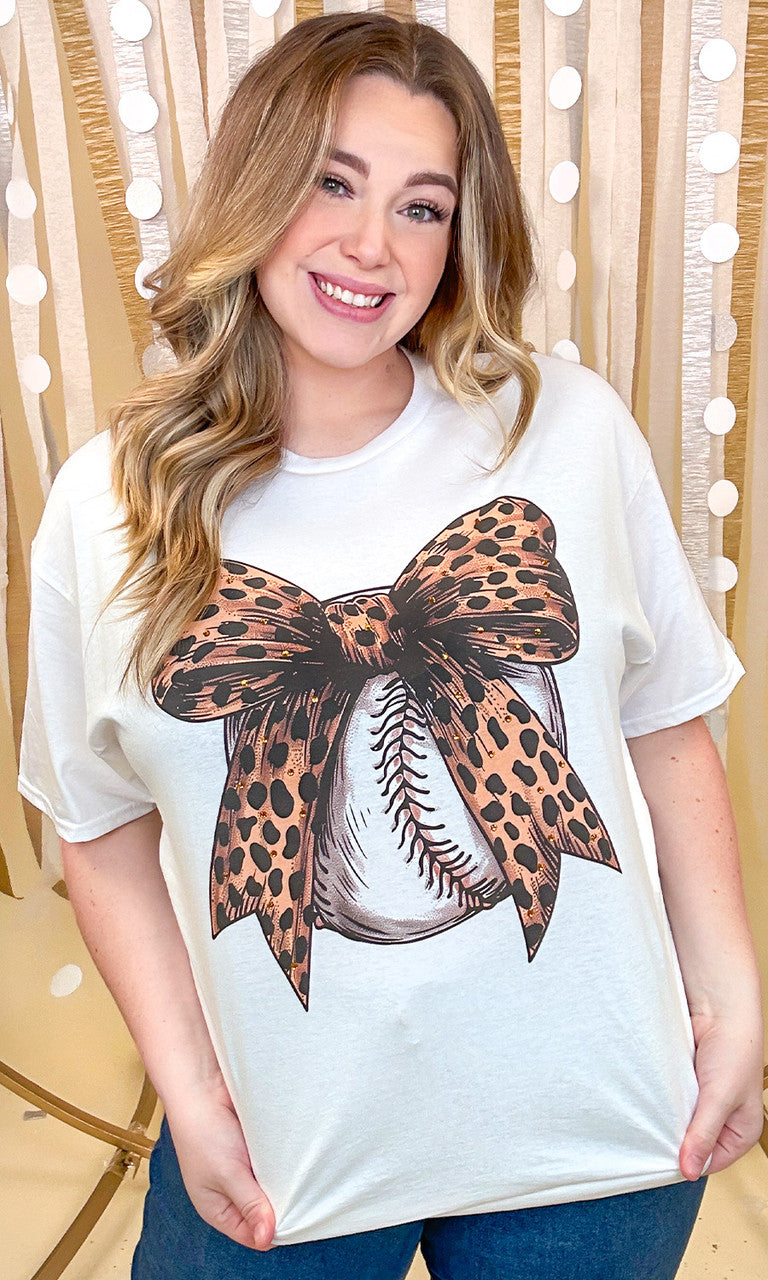 Baseball Cheetah Bow Rhinestone Graphic Shirt