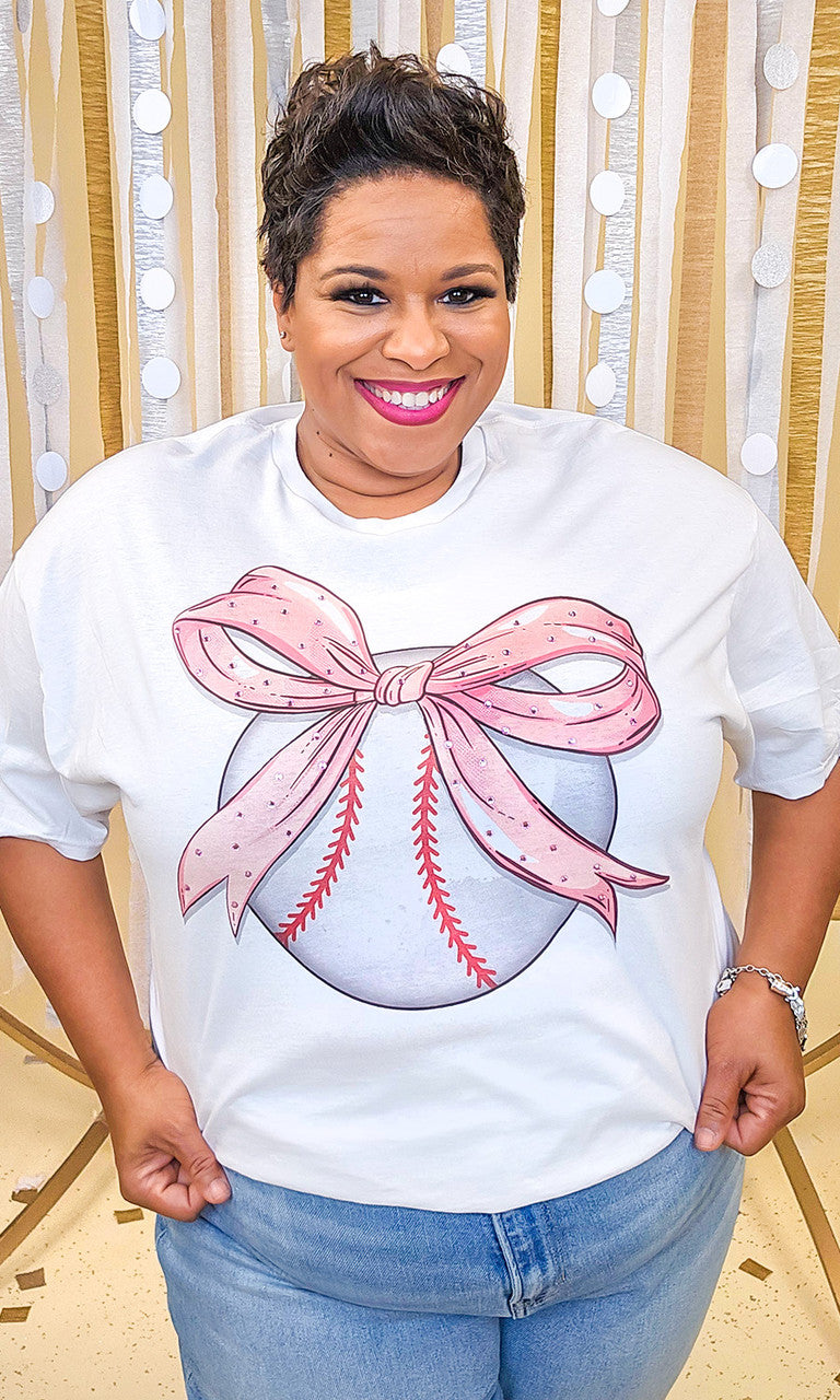 Baseball Pink Bow Rhinestone Graphic Shirt