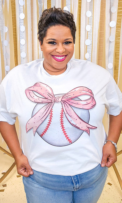 Baseball Pink Bow Rhinestone Graphic Shirt