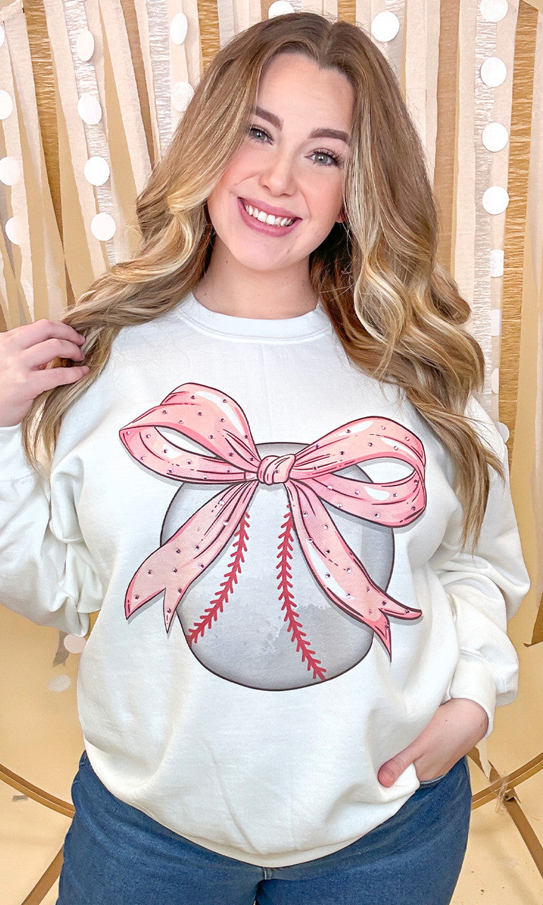 Baseball Pink Bow Rhinestone Graphic Sweatshirt
