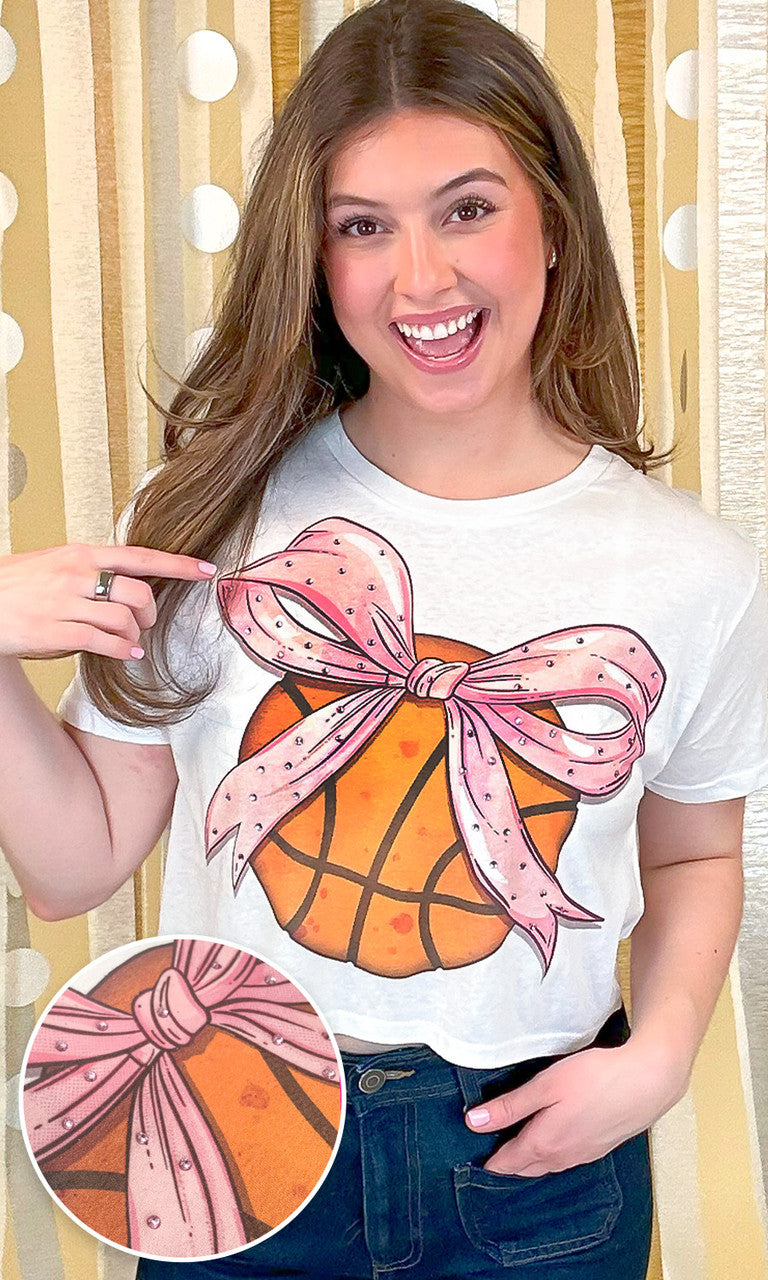 Basketball Pink Bow Rhinestone Graphic Crop Top Shirt