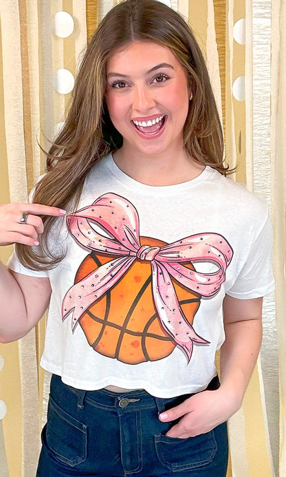 Basketball Pink Bow Rhinestone Graphic Crop Top Shirt