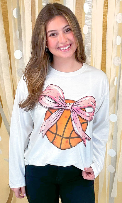 Basketball Pink Bow Rhinestone Graphic Long Sleeve Shirt