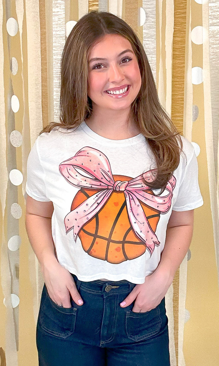 Basketball Pink Bow Rhinestone Graphic Crop Top Shirt
