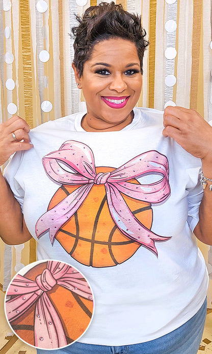 Basketball Pink Bow Rhinestone Graphic Shirt