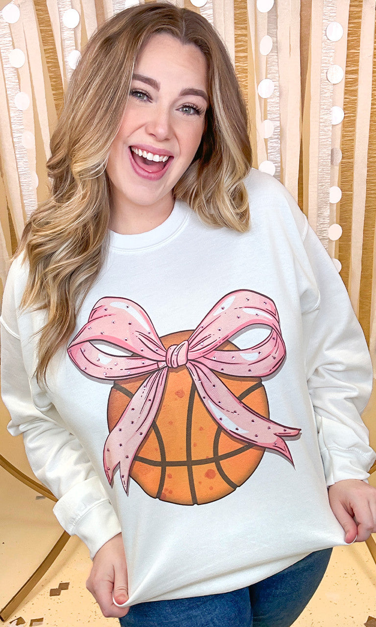 Basketball Pink Bow Rhinestone Graphic Sweatshirt
