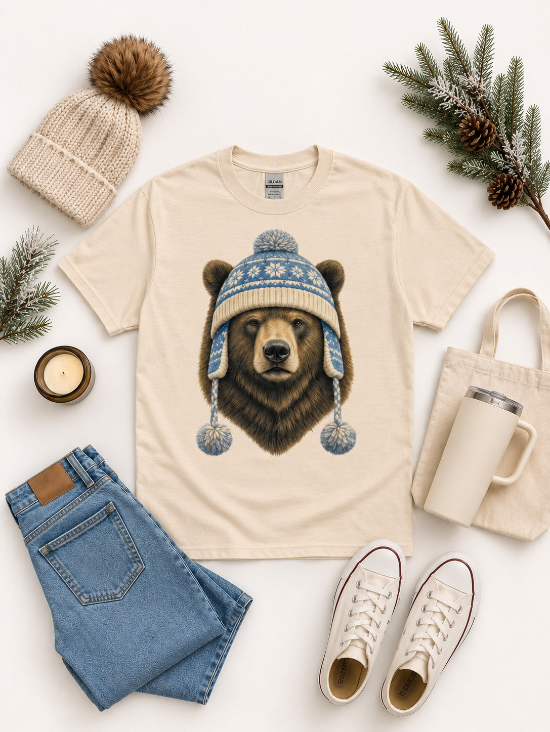 Bear Winter Hat Graphic T-Shirt