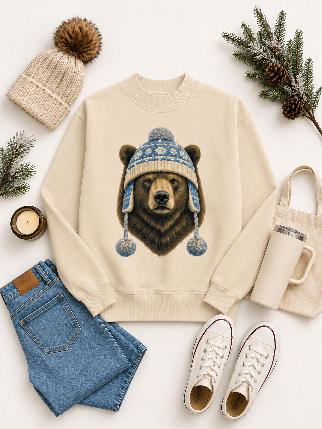 Bear Winter Hat Graphic Mock Neck Sweatshirt