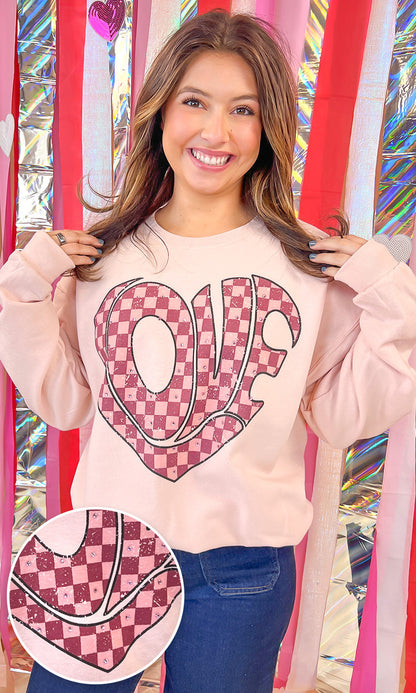 Love Checkered Heart Rhinestone Graphic Sweatshirt