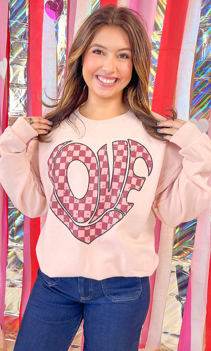 Love Checkered Heart Rhinestone Graphic Sweatshirt