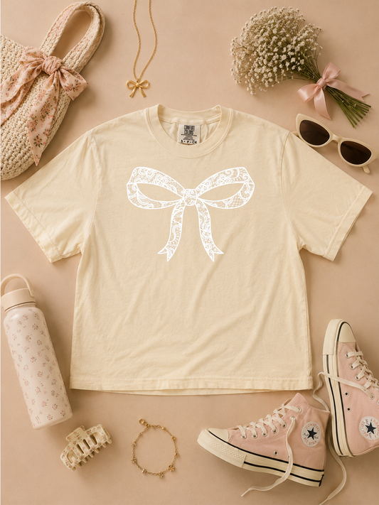 Bow Lace Graphic Comfort Color Graphic Boxy T-Shirt