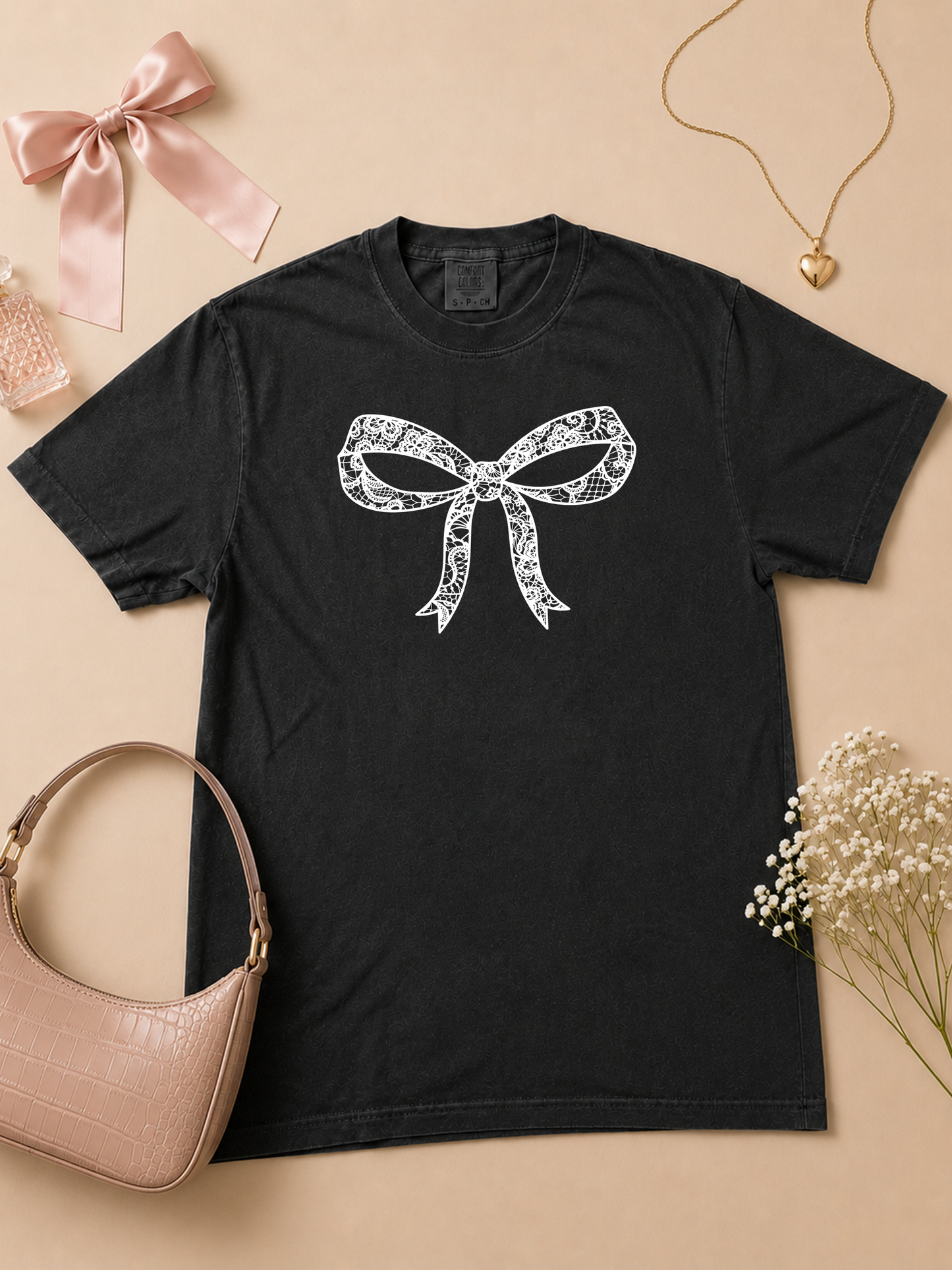 Bow Lace Graphic Comfort Color Graphic T-Shirt