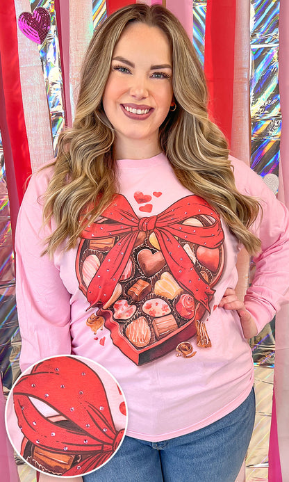 Box of Chocolate Valentine Rhinestone Graphic Long Sleeve T-Shirt