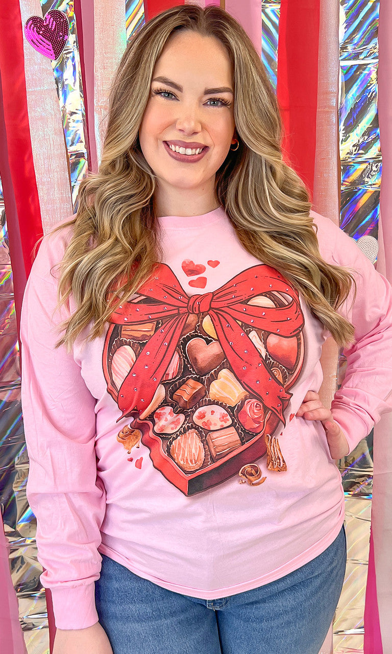 Box of Chocolate Valentine Rhinestone Graphic Long Sleeve T-Shirt