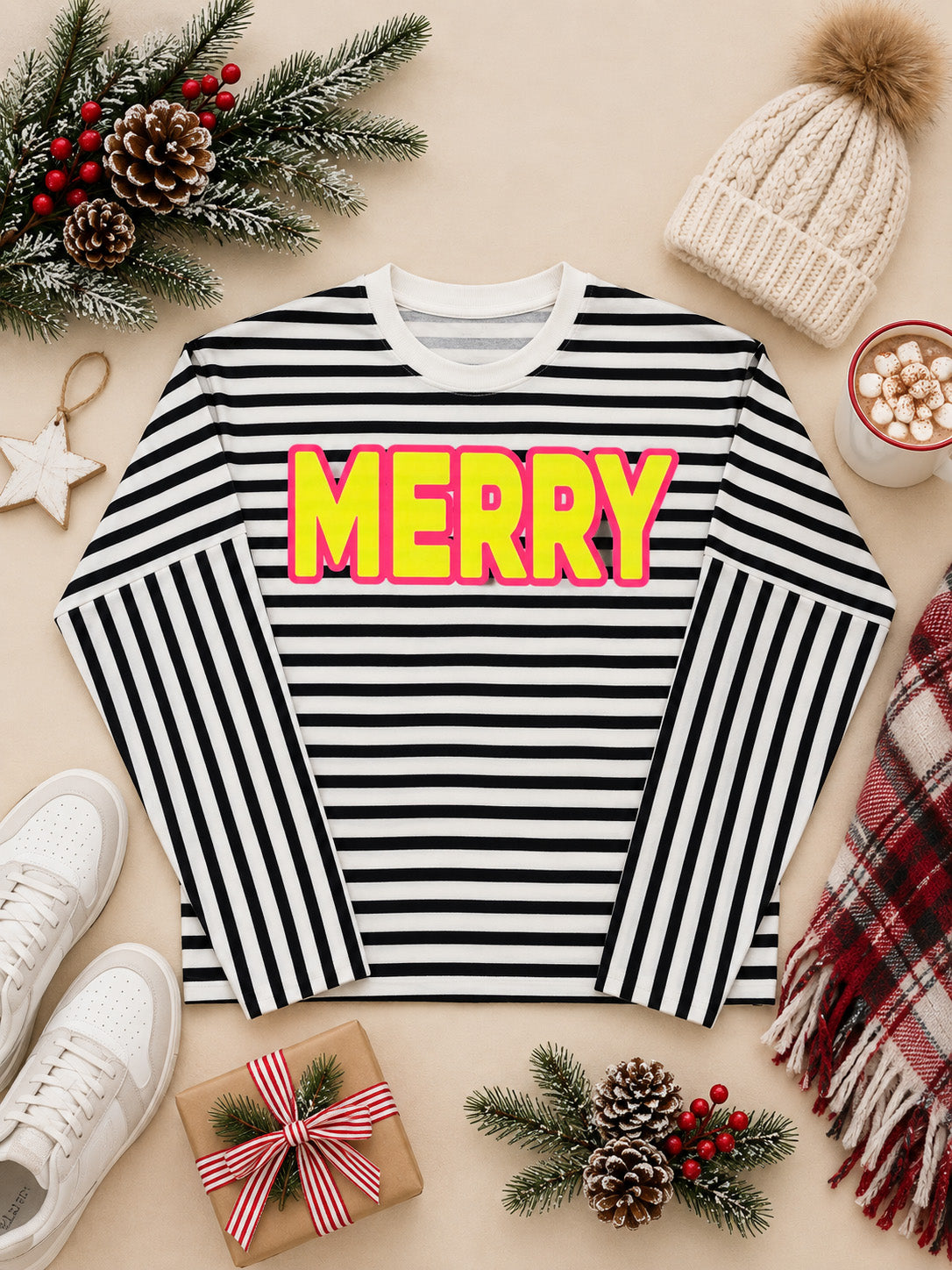 Bright MERRY Graphic Christmas Striped Edgy Long Sleeve Shirt