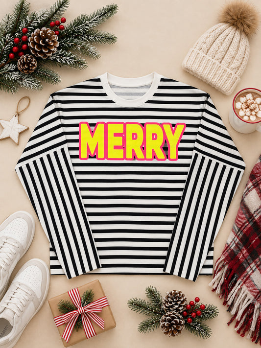 Bright MERRY Graphic Christmas Striped Edgy Long Sleeve Shirt