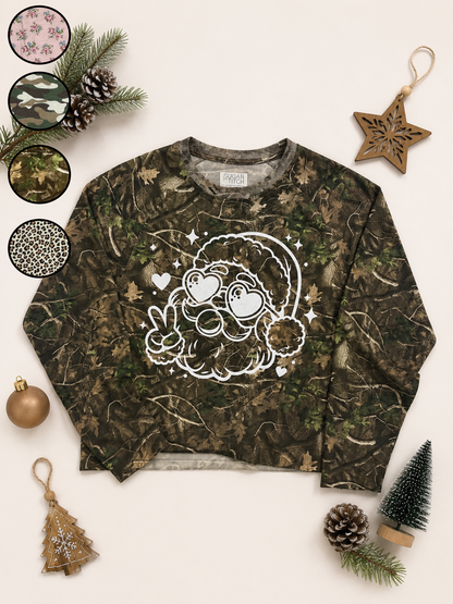 Bubble Gum Santa White Glitter AOP Edgy Long Sleeve Graphic Shirt