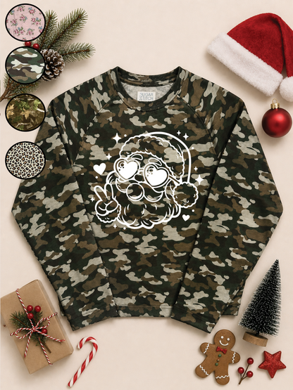 Bubble Gum Santa White Glitter AOP Edgy Long Sleeve Graphic Shirt