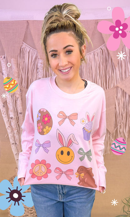 Bunnies and Bows Easter Graphic Long Sleeve T-Shirt