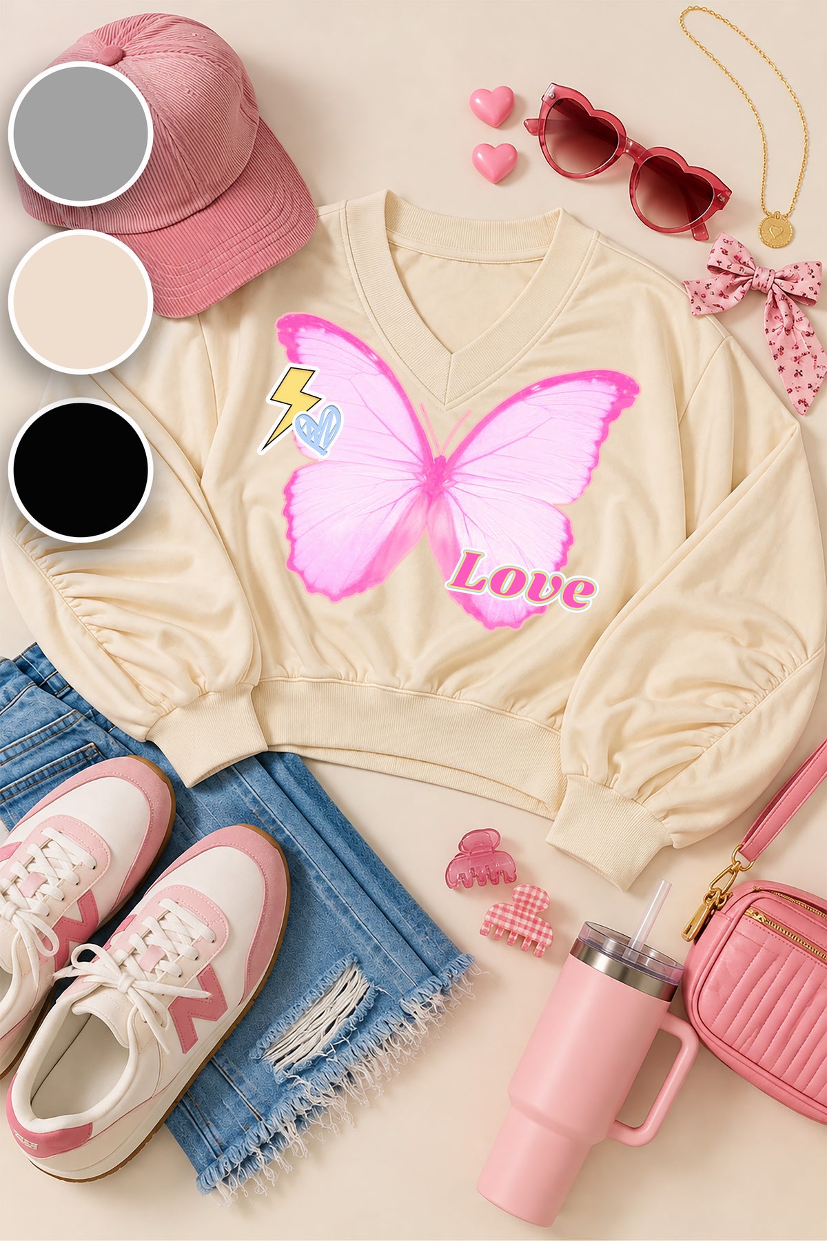 Butterfly Love Varsity V-Neck Graphic Shirt
