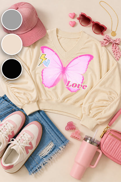 Butterfly Love Varsity V-Neck Graphic Shirt