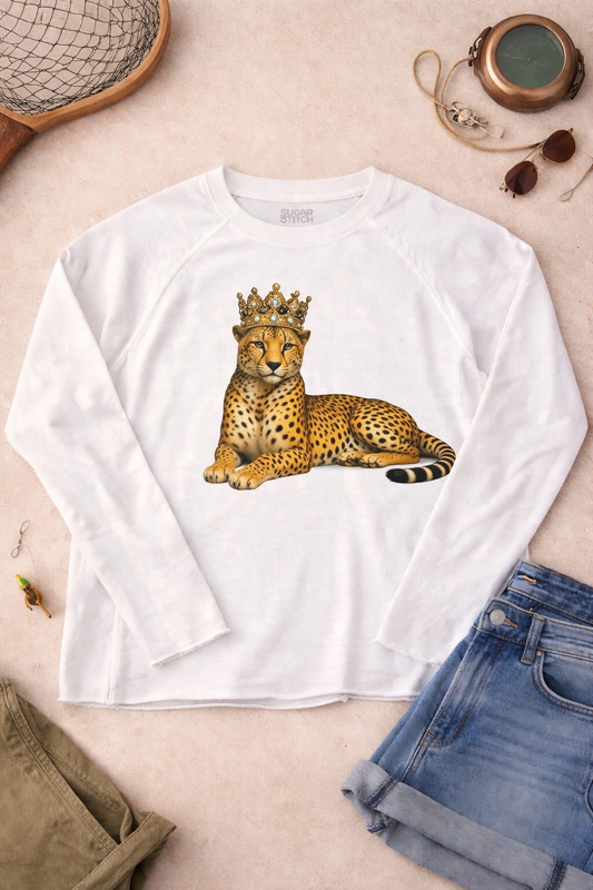 Cheetah Crown Rhinestone Graphic Long Sleeve Edgy Shirt