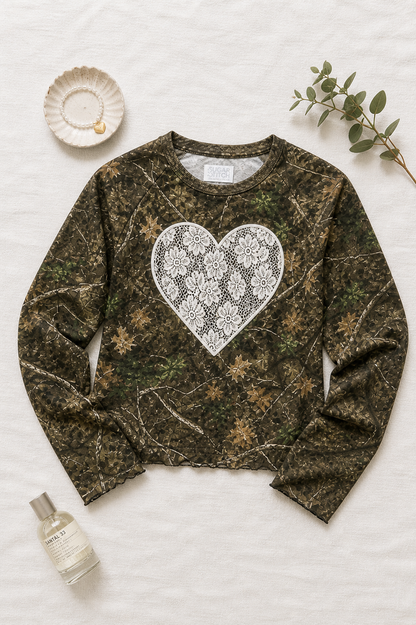 Heart Lace Graphic AOP Edgy Long Sleeve Graphic Shirt