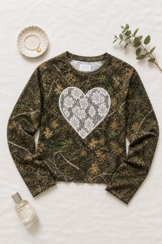 Heart Lace Graphic AOP Edgy Long Sleeve Graphic Shirt