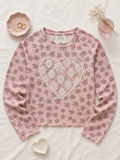 Heart Lace Graphic AOP Edgy Long Sleeve Graphic Shirt