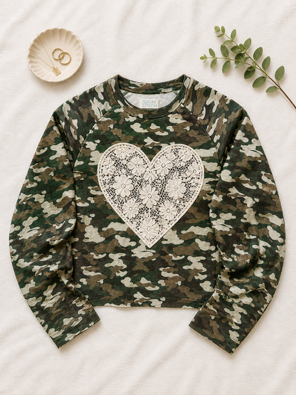 Heart Lace Graphic AOP Edgy Long Sleeve Graphic Shirt